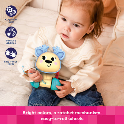 Kids Hits Push & Pull Deer toy with bright yellow and blue colors, easy-roll wheels, and rotating head for toddlers