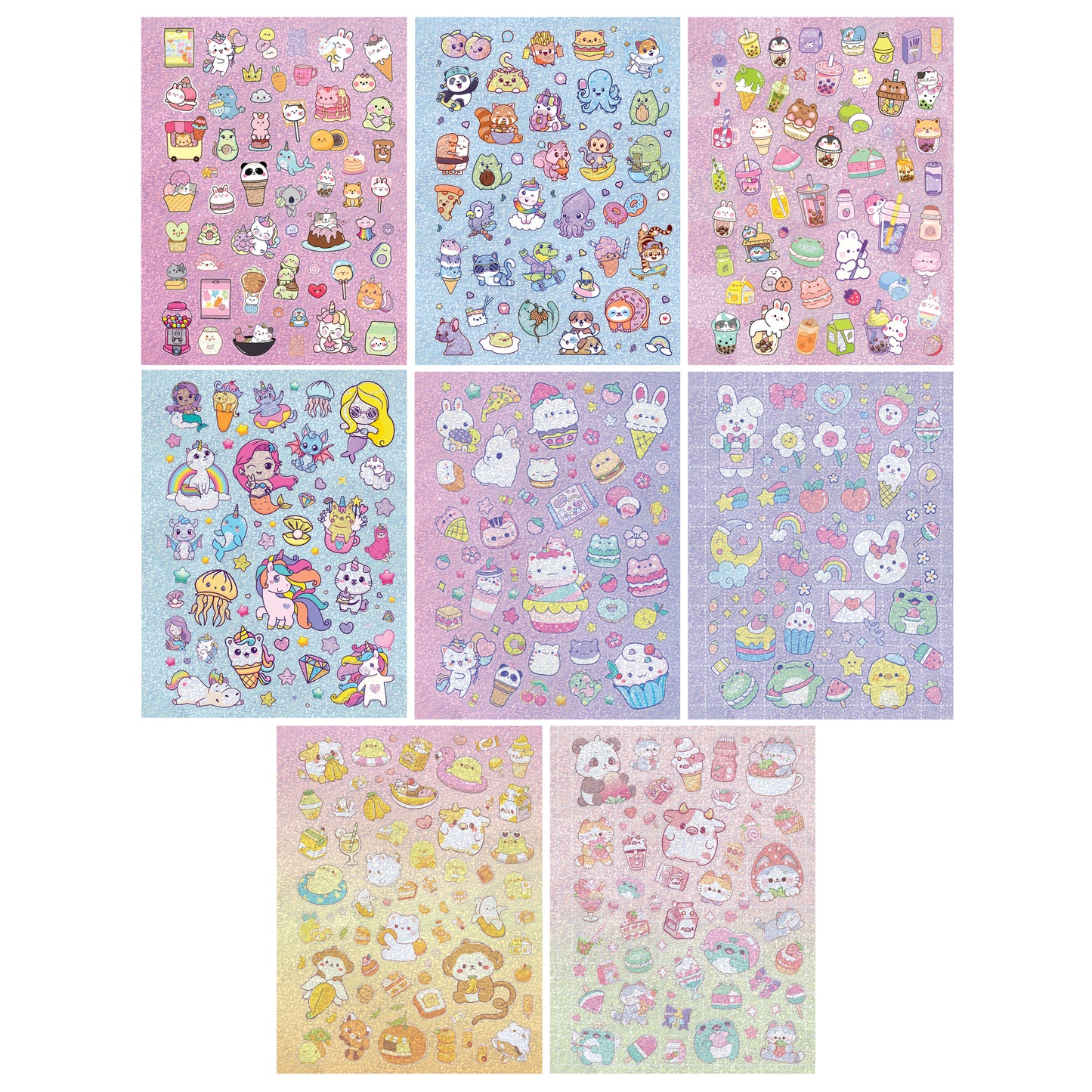 Kaleidoscope Super Cute Sticker Coloring Book with 8 colorful pages of kawaii characters, food, and animals in pink a...