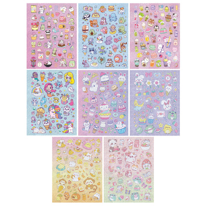 Kaleidoscope Super Cute Sticker Coloring Book with 8 colorful pages of kawaii characters, food, and animals in pink a...