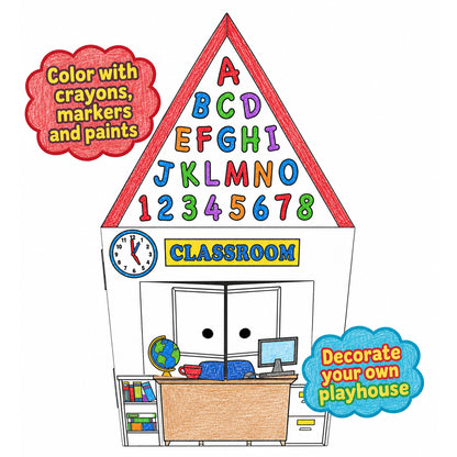 Easy Playhouse School cardboard fort with colorful letters, numbers, and classroom decorations