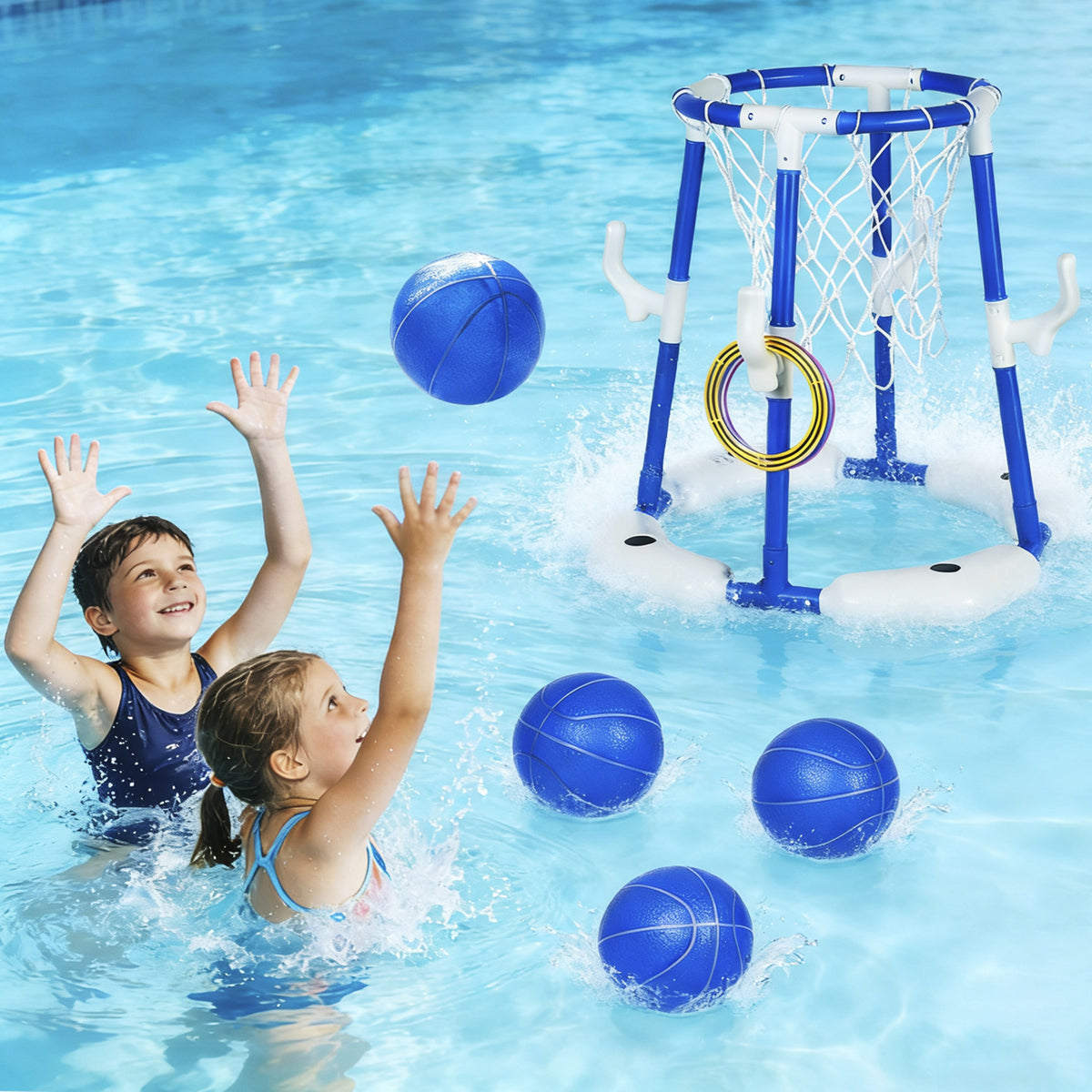 EPH 2-In-1 Pool Basketball Hoop in blue and white with children playing in pool