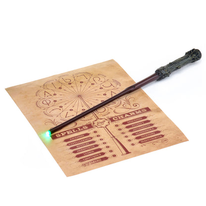 Wizarding World Deluxe Lumos Wand 14 inch Harry Potter replica with light-up tip on spell chart