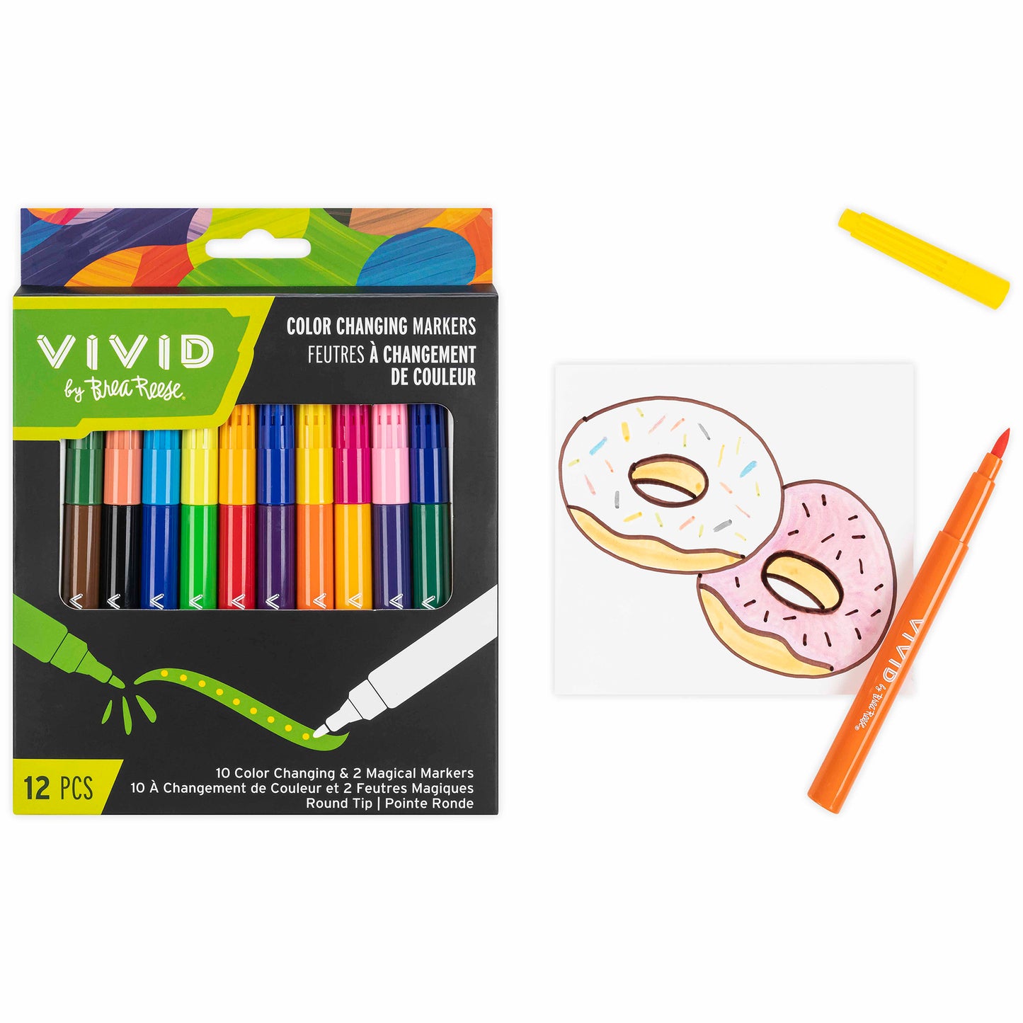 VIVID Color-Changing Markers 12-piece set with magical markers and donut coloring example