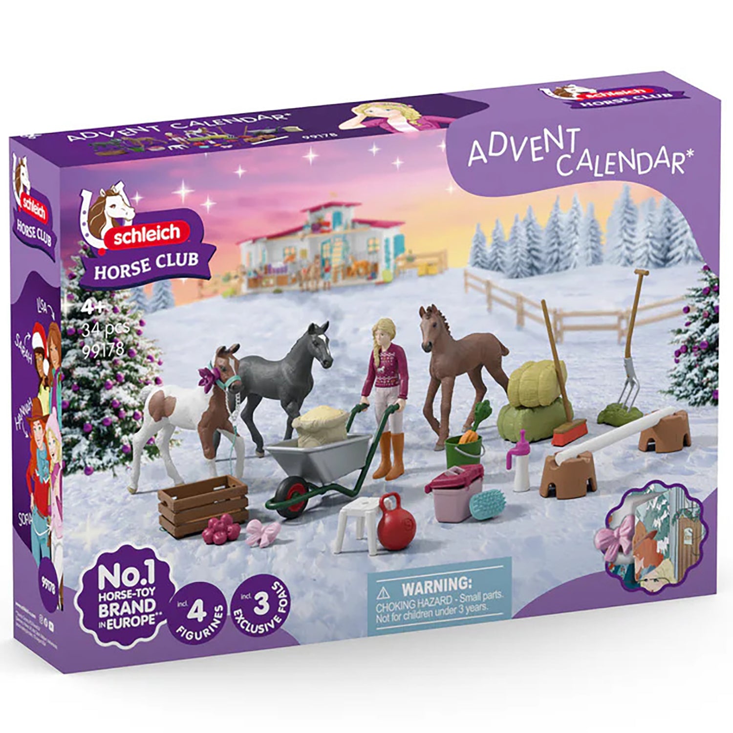 Schleich Horse Club 2025 Advent Calendar with 34 pieces including horses, figures, and winter accessories