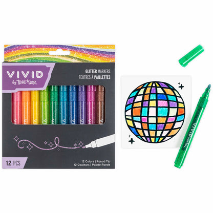 VIVID Glitter Markers 12-pack with round tip in assorted colors