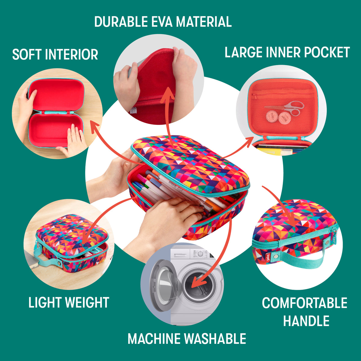 Jumbo Pencil Case in Colorful geometric pattern with teal zipper and handle, shown open and closed with storage featu...