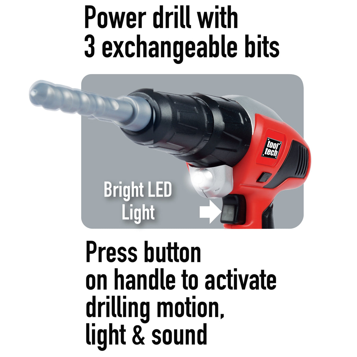 Tool Tech Power Drill toy in red and black with 3 exchangeable bits and bright LED light