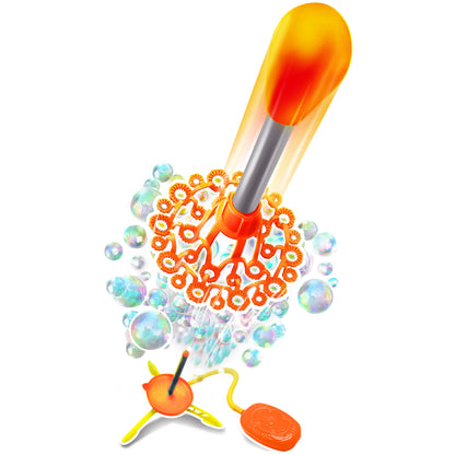 Air Powered Bubble Rocket toy with orange launcher, gears, and colorful bubbles