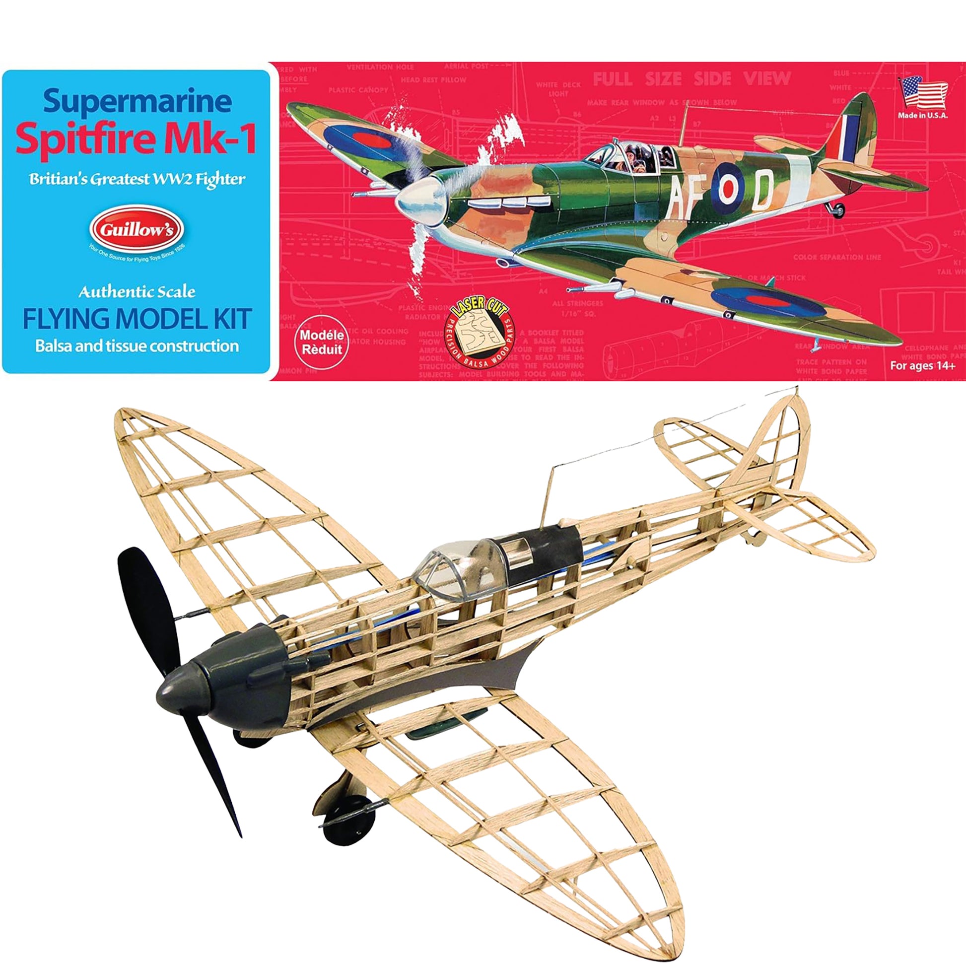 Supermarine Spitfire Mk-1 balsa wood flying model kit by Guillow's