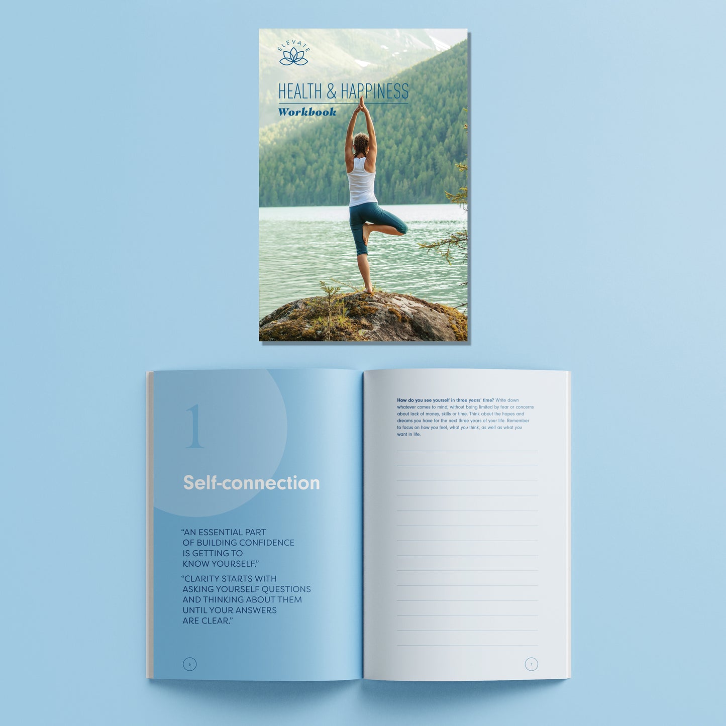 Elevate Vision Board Kit Health & Happiness Workbook with yoga pose and mountain lake cover