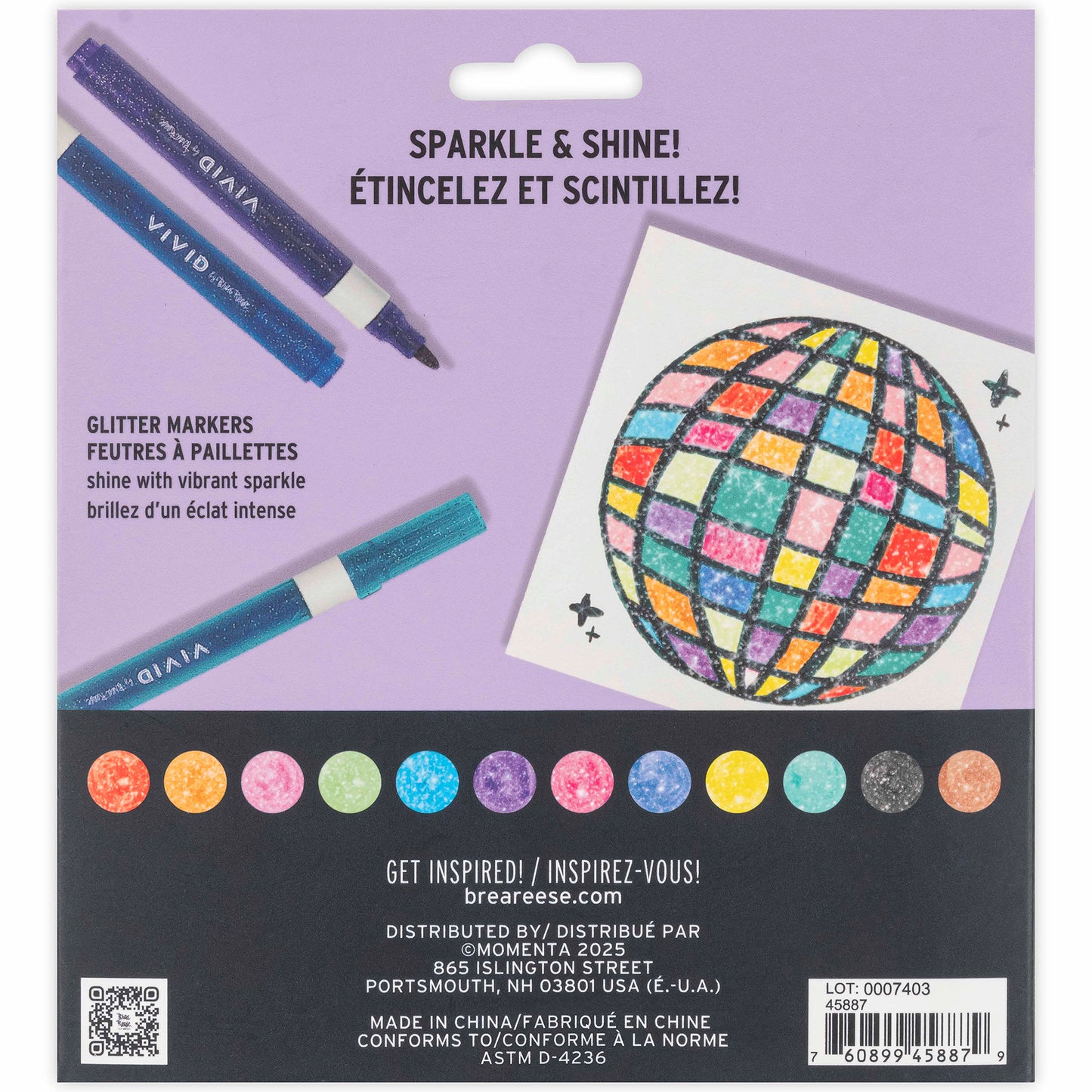 Glitter Markers set with vibrant sparkle colors and example artwork on purple packaging