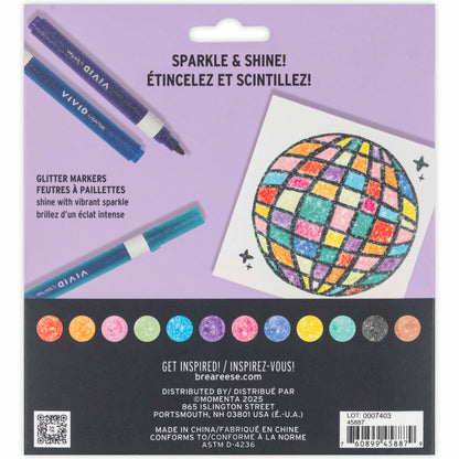 Glitter Markers set with vibrant sparkle colors and example artwork on purple packaging