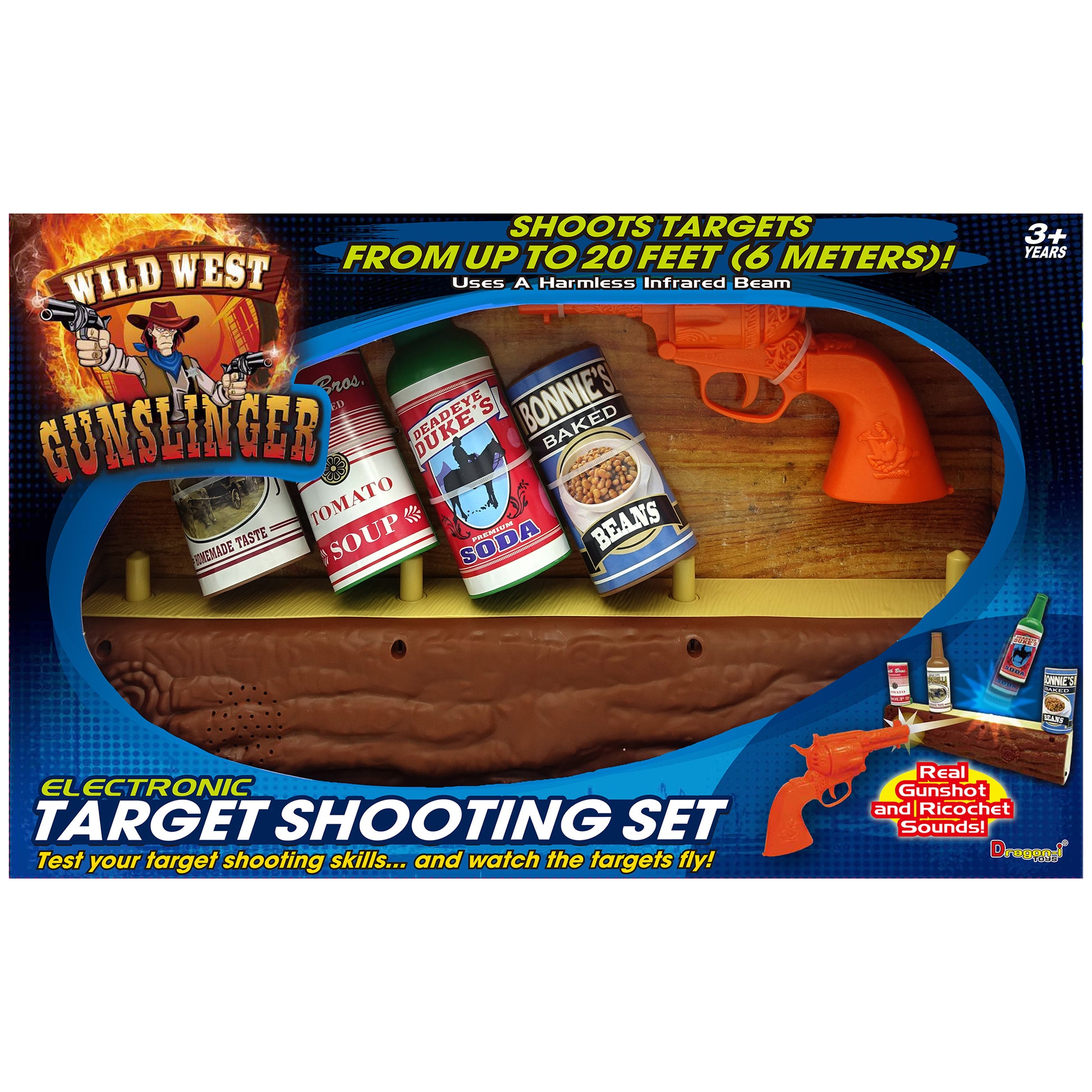 Wild West Gunslinger Electronic Target Shooting Set with orange toy gun and can targets