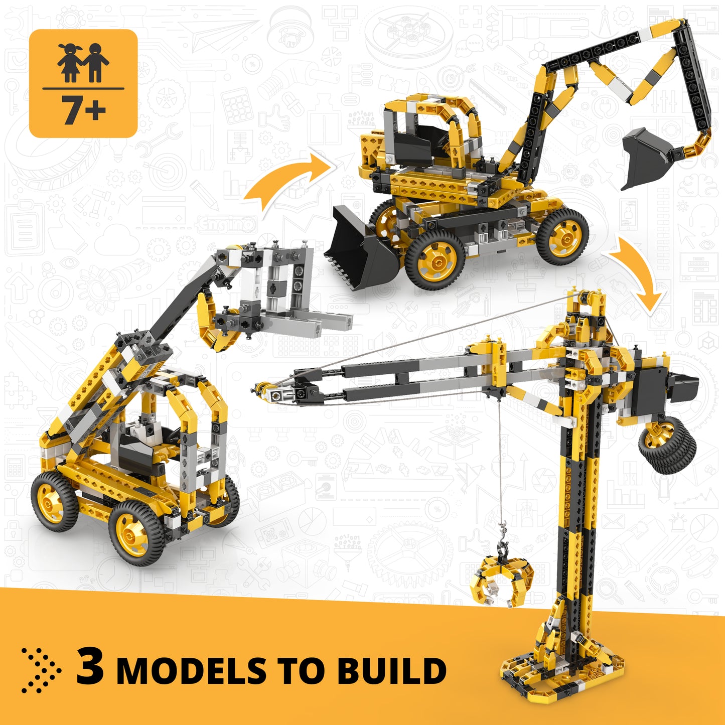 Engino Creative Builder 3-in-1 Tall Crane motor-powered yellow and black construction set with three buildable models