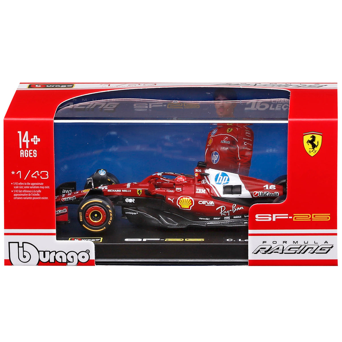 Bburago 1:43 Ferrari SF-25 red and black Formula One race car with Charles Leclerc helmet replica in acrylic display ...