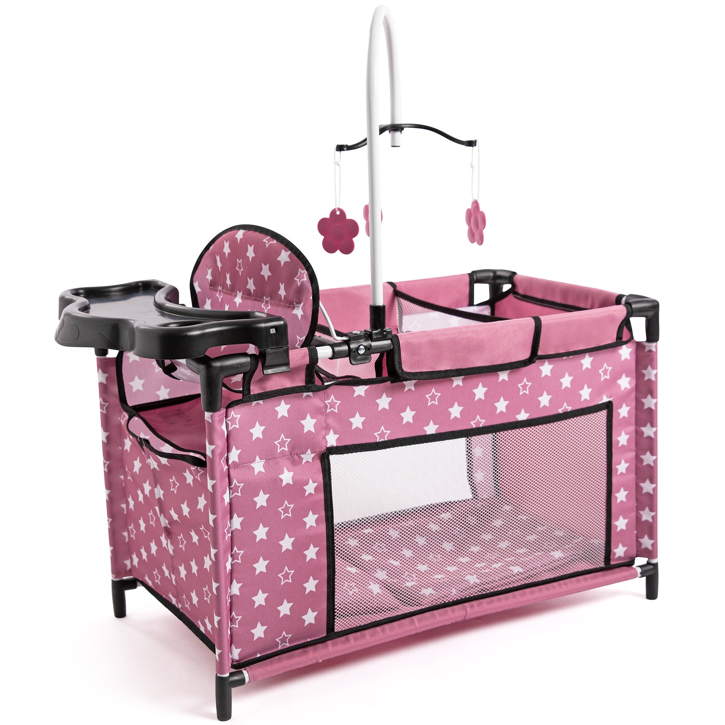 Pink doll bed with white star pattern, black frame, includes changing table, mobile with hanging flowers, and mesh storage compartment