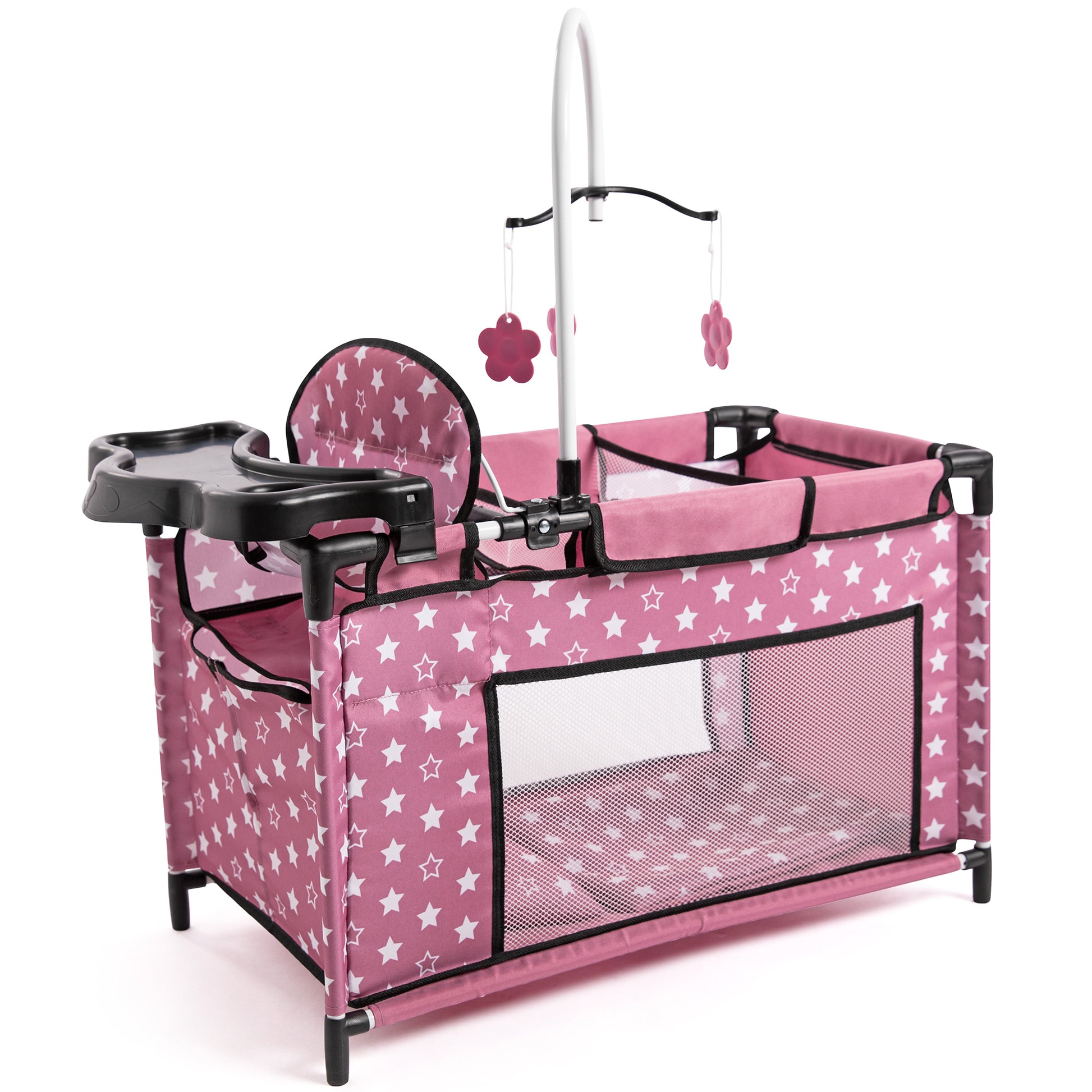Pink doll bed with white star pattern, black frame, includes changing table, mobile with hanging flowers, and mesh storage compartment