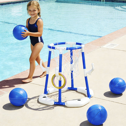EPH 2-In-1 Pool Basketball Hoop in blue and white with girl holding ball and four blue basketballs