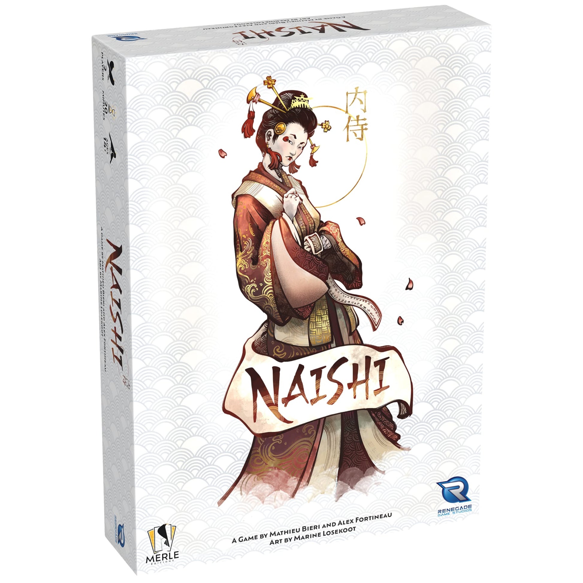 Naishi card game box featuring illustrated Asian woman in red and gold traditional dress against white patterned back...