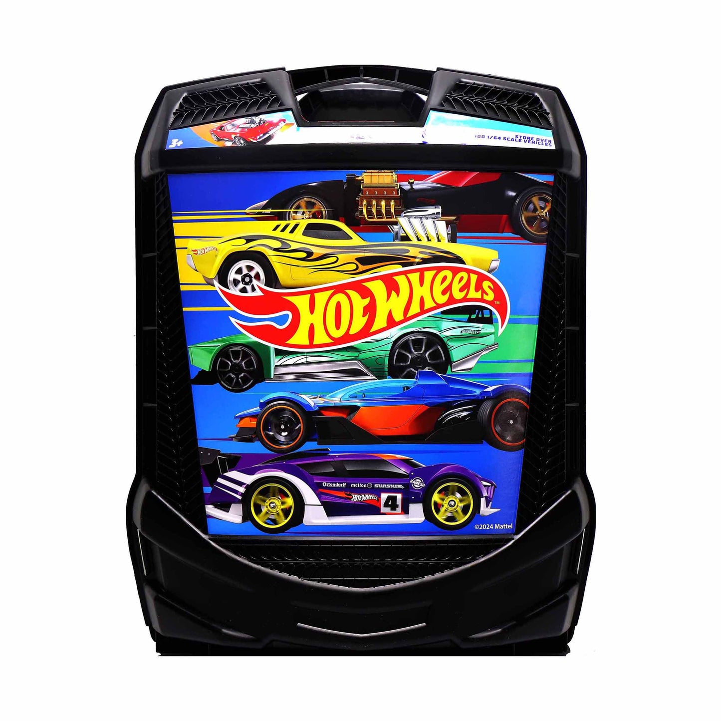 Hot Wheels 100-Car Rolling Storage Case with retractable handle and colorful car graphics
