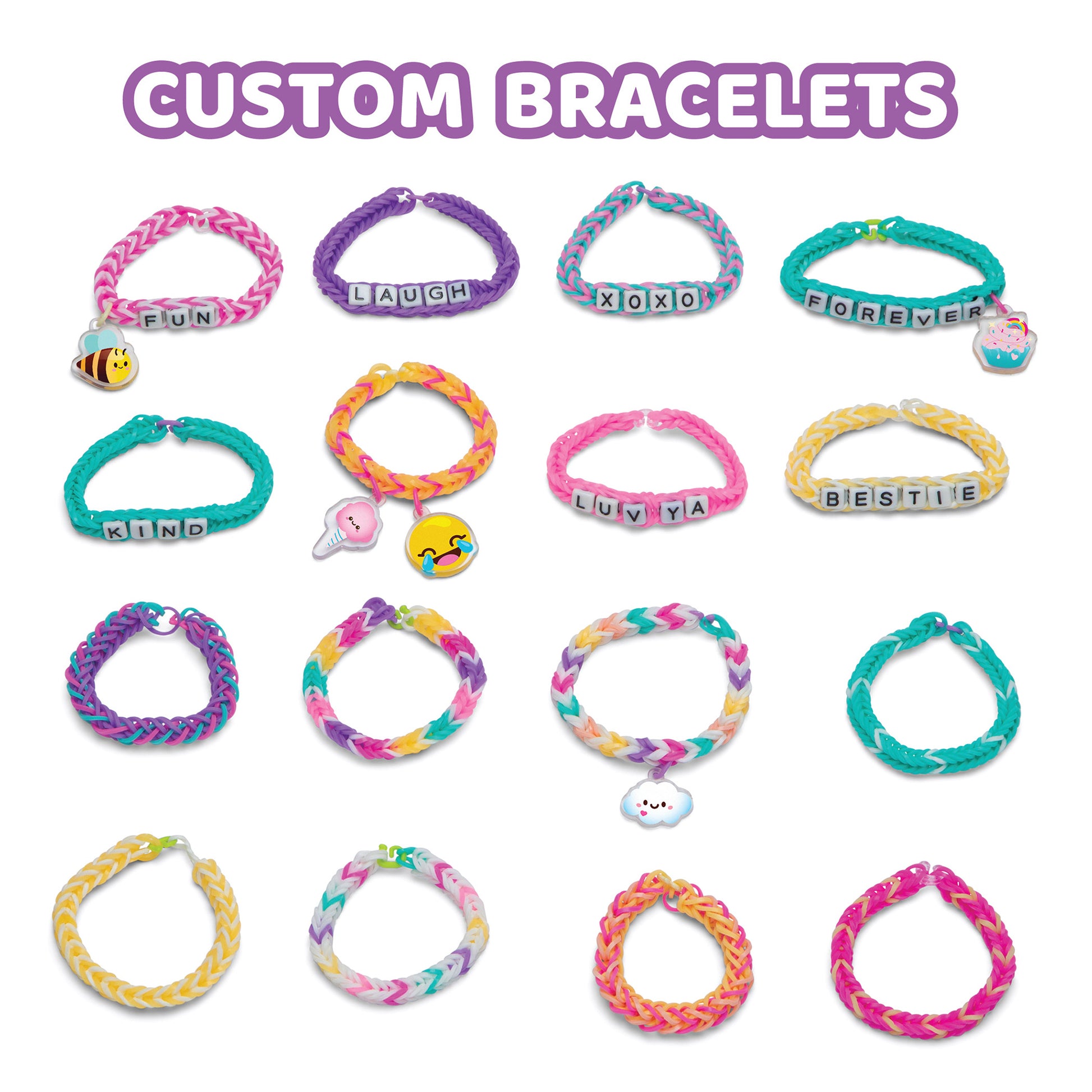 Rainbow Loom Forever Friends kit with colorful braided bracelets, letter beads, and charms in pink, purple, teal, and...