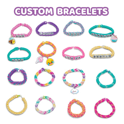 Rainbow Loom Forever Friends kit with colorful braided bracelets, letter beads, and charms in pink, purple, teal, and...