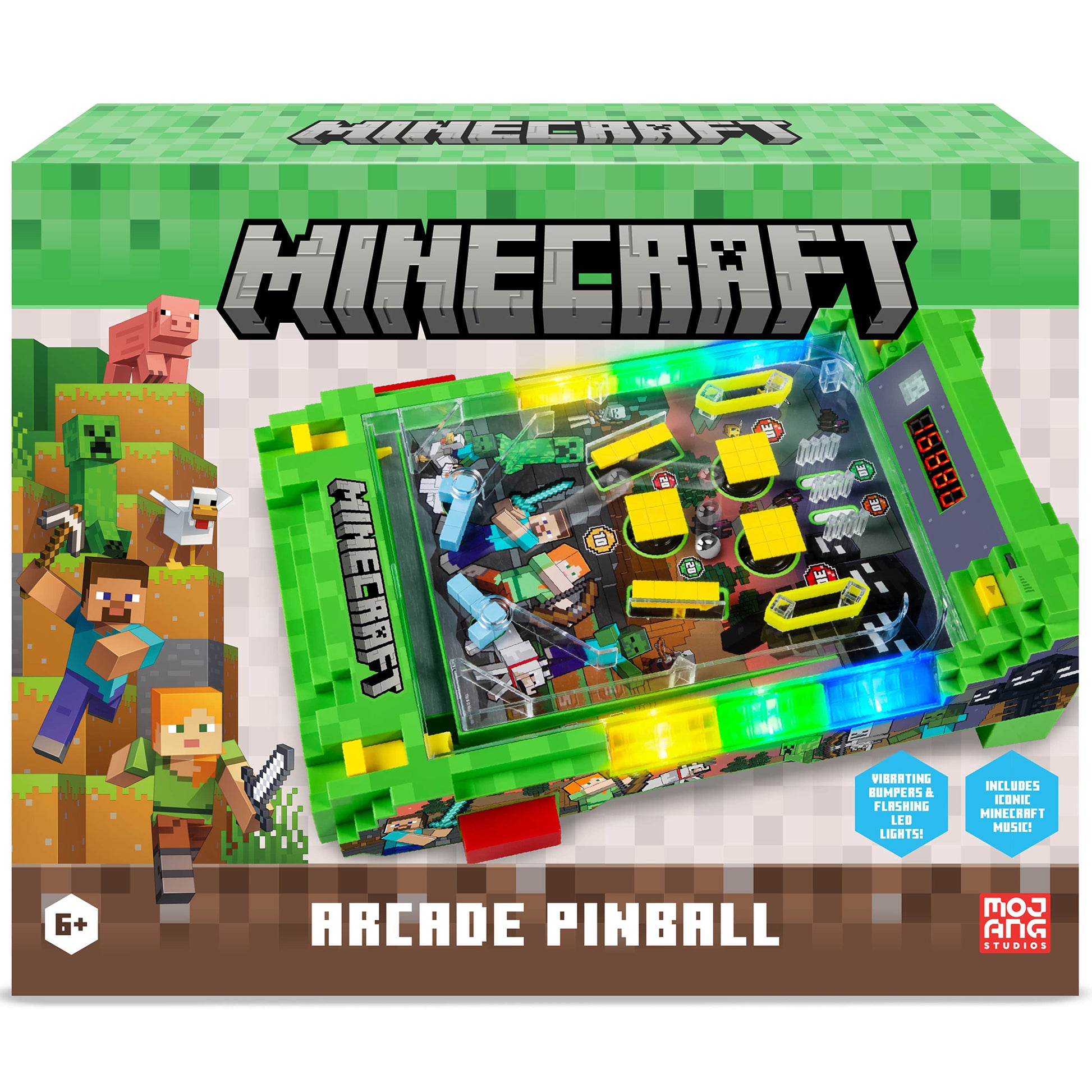Minecraft Arcade Pinball Overworld toy set with green base, yellow flippers, LED lights, and minifigures
