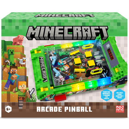 Minecraft Arcade Pinball Overworld toy set with green base, yellow flippers, LED lights, and minifigures