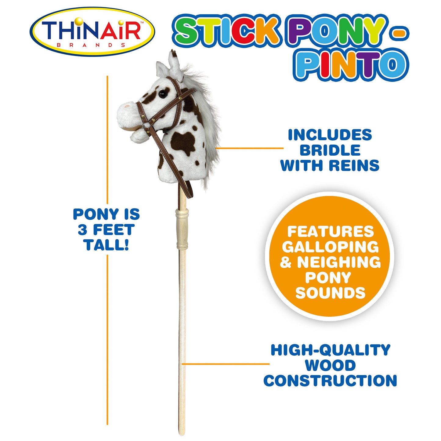 Playful Minds: Pinto Stick Pony - Ride-On Toy with Sounds, White & Brown