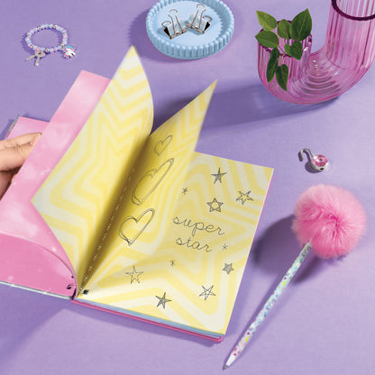 Glimmer & Glow Unicorn Locking Journal Set with pink pom pom pen and charm bracelet