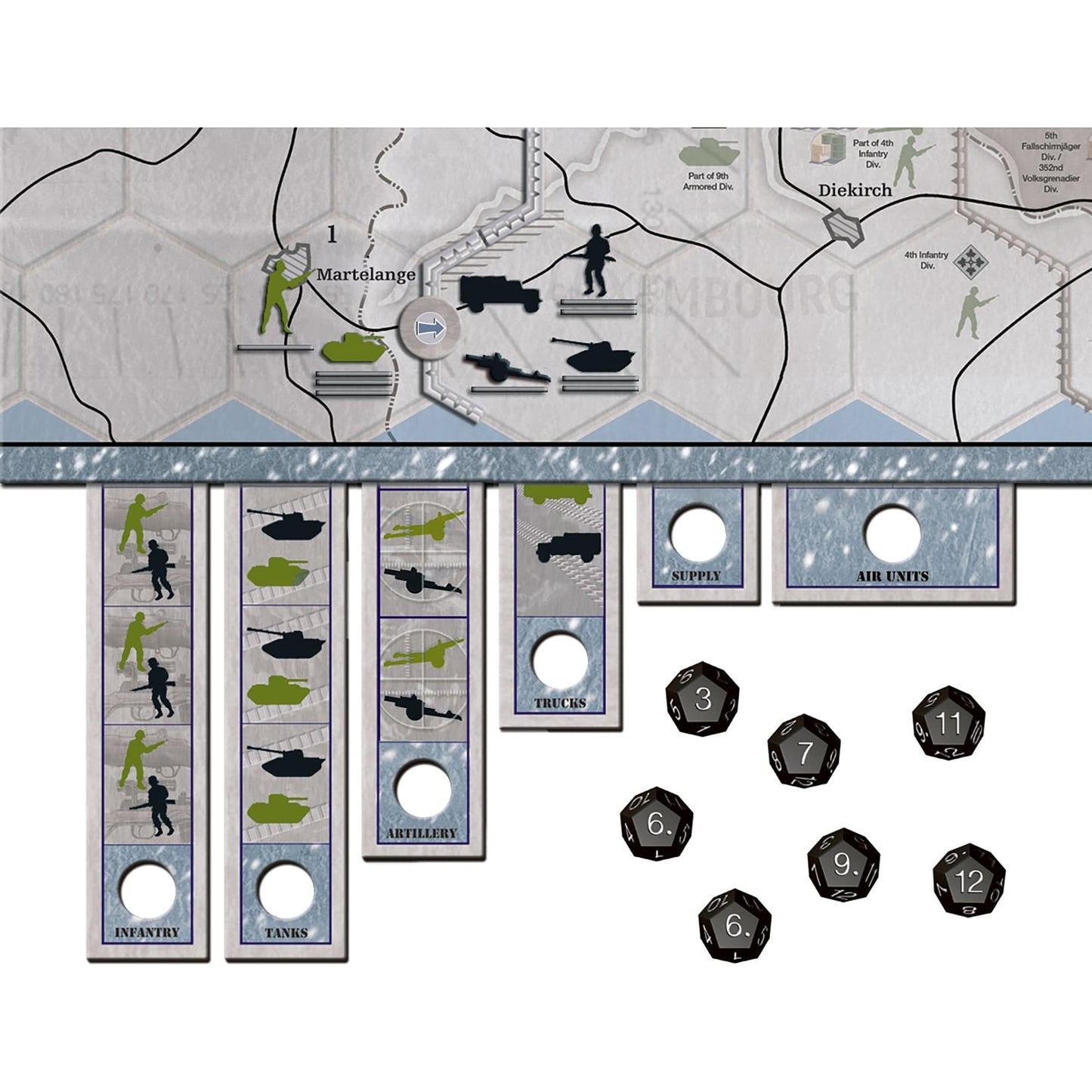 Axis & Allies Battle of the Bulge WWII strategy board game with map, military unit tokens, dice, and army miniatures
