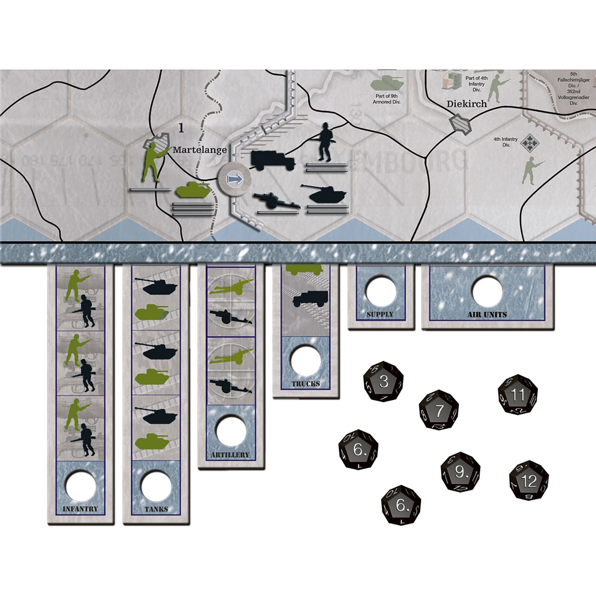 Axis & Allies Battle of the Bulge WWII strategy board game with map, military unit tokens, dice, and army miniatures