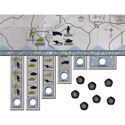 Axis & Allies Battle of the Bulge WWII strategy board game with map, military unit tokens, dice, and army miniatures