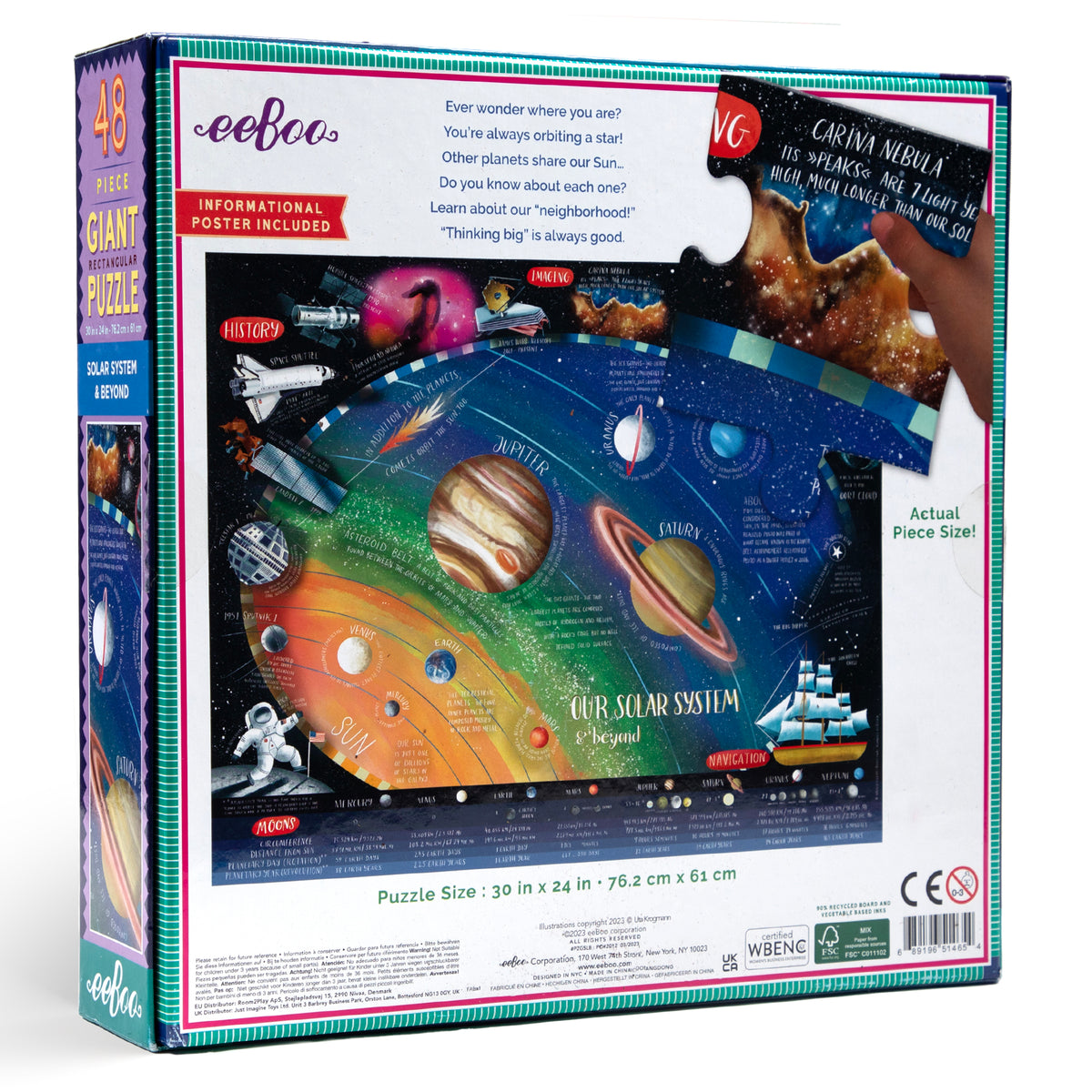 eeBoo 48-piece giant floor puzzle box showing colorful solar system illustration with planets, stars, spacecraft, and informational text about our neighborhood