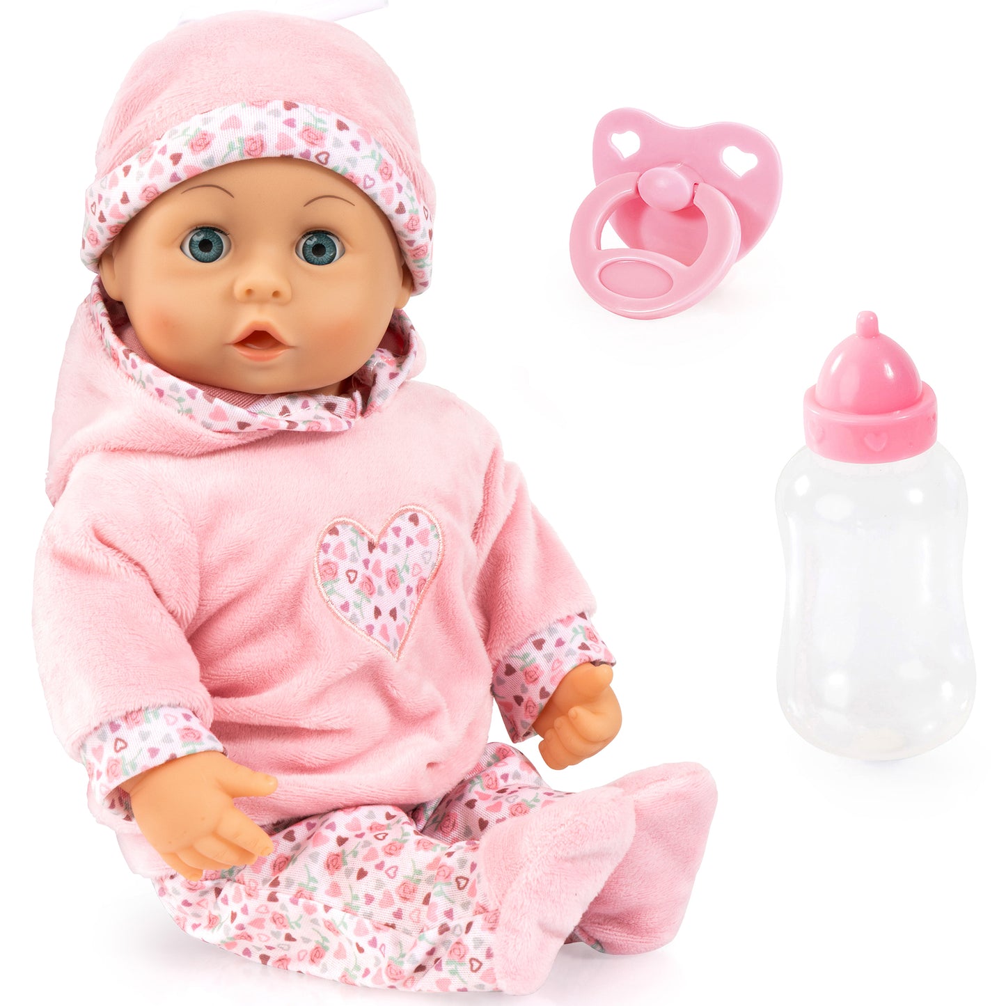 First Words Baby Doll 15-Inch with pink outfit, hearts pattern, includes bottle and pacifier