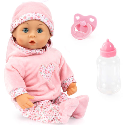 First Words Baby Doll 15-Inch with pink outfit, hearts pattern, includes bottle and pacifier