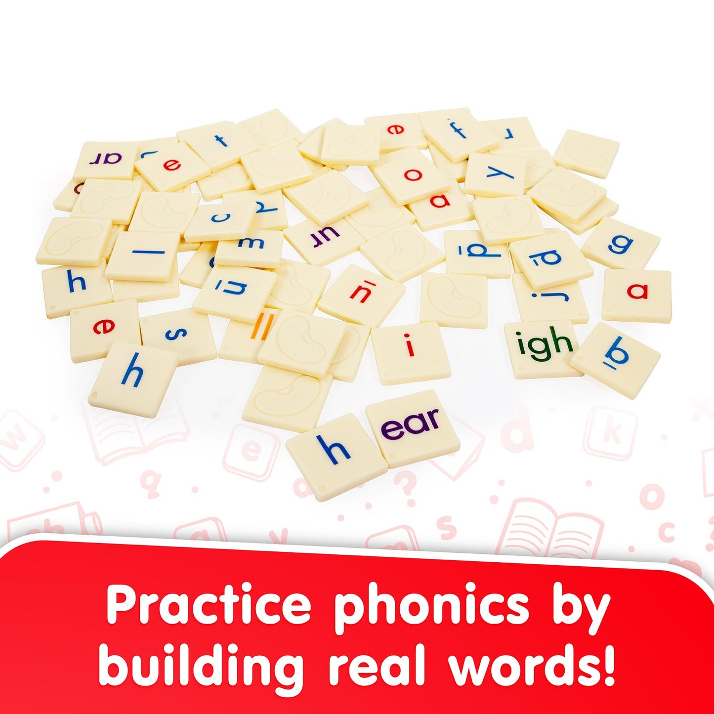 Spell the Beans phonics learning tiles with letters and word-building pieces