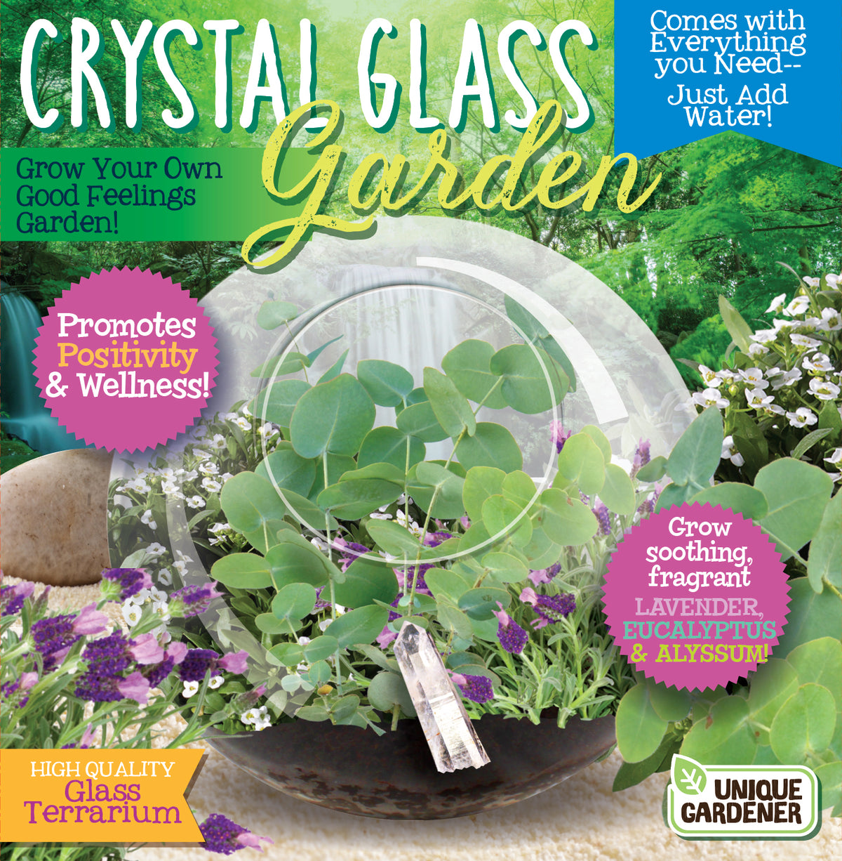 Crystal Glass Garden Terrarium Kit showing a clear glass dome filled with green plant leaves, purple and white flowers, soil, and growing supplies in a dark pot