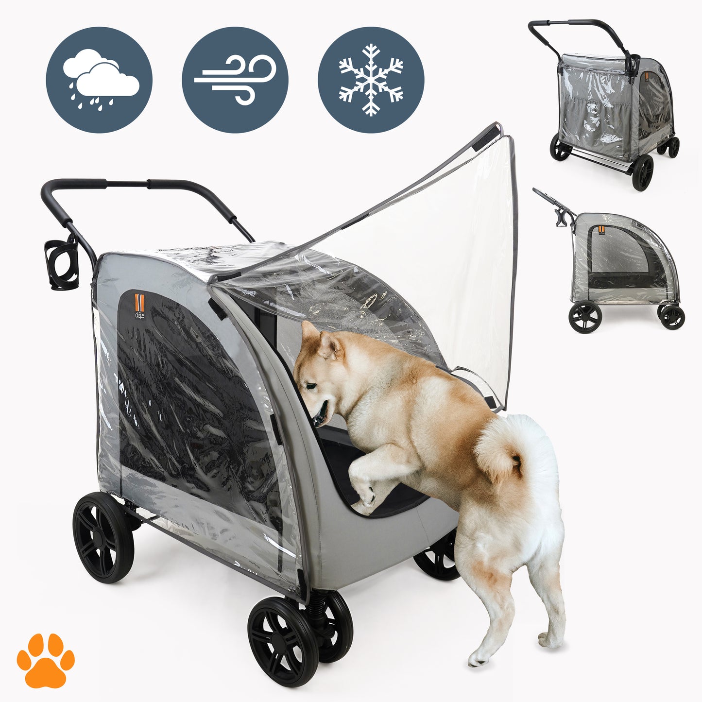 Chester Raincover Pet Stroller in grey with two dogs, showing weather protection icons