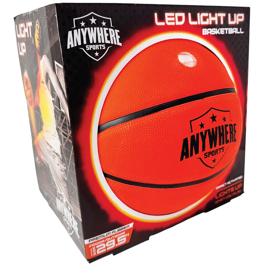 Anywhere Sports LED Light-Up Basketball in bright red with glowing red and yellow halo effect on packaging