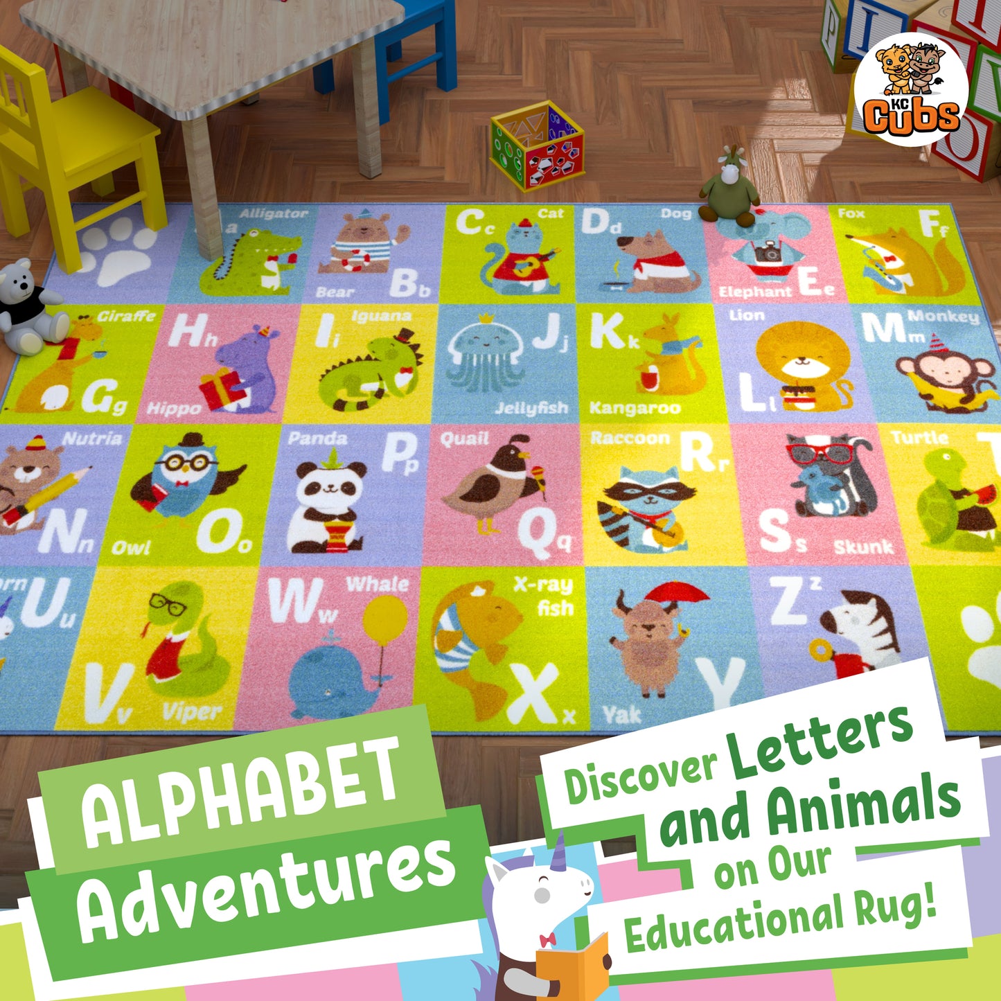 KC Cubs Educational Alphabet Rug with colorful animal letters A-Z on 3x5' playmat