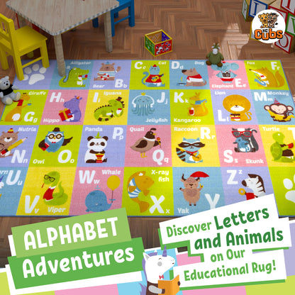 KC Cubs Educational Alphabet Rug with colorful animal letters A-Z on 3x5' playmat