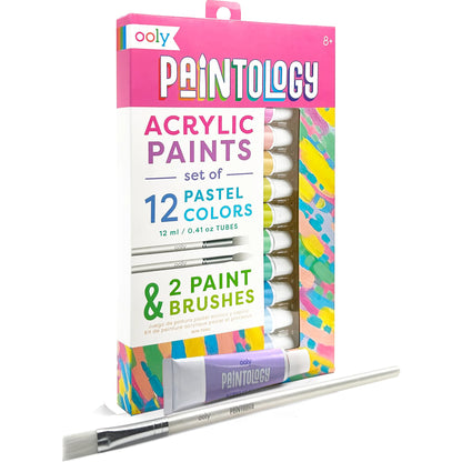 OOLY Paintology Collection Pastel Acrylic Paint Set - 12 Colors, 2 Brushes