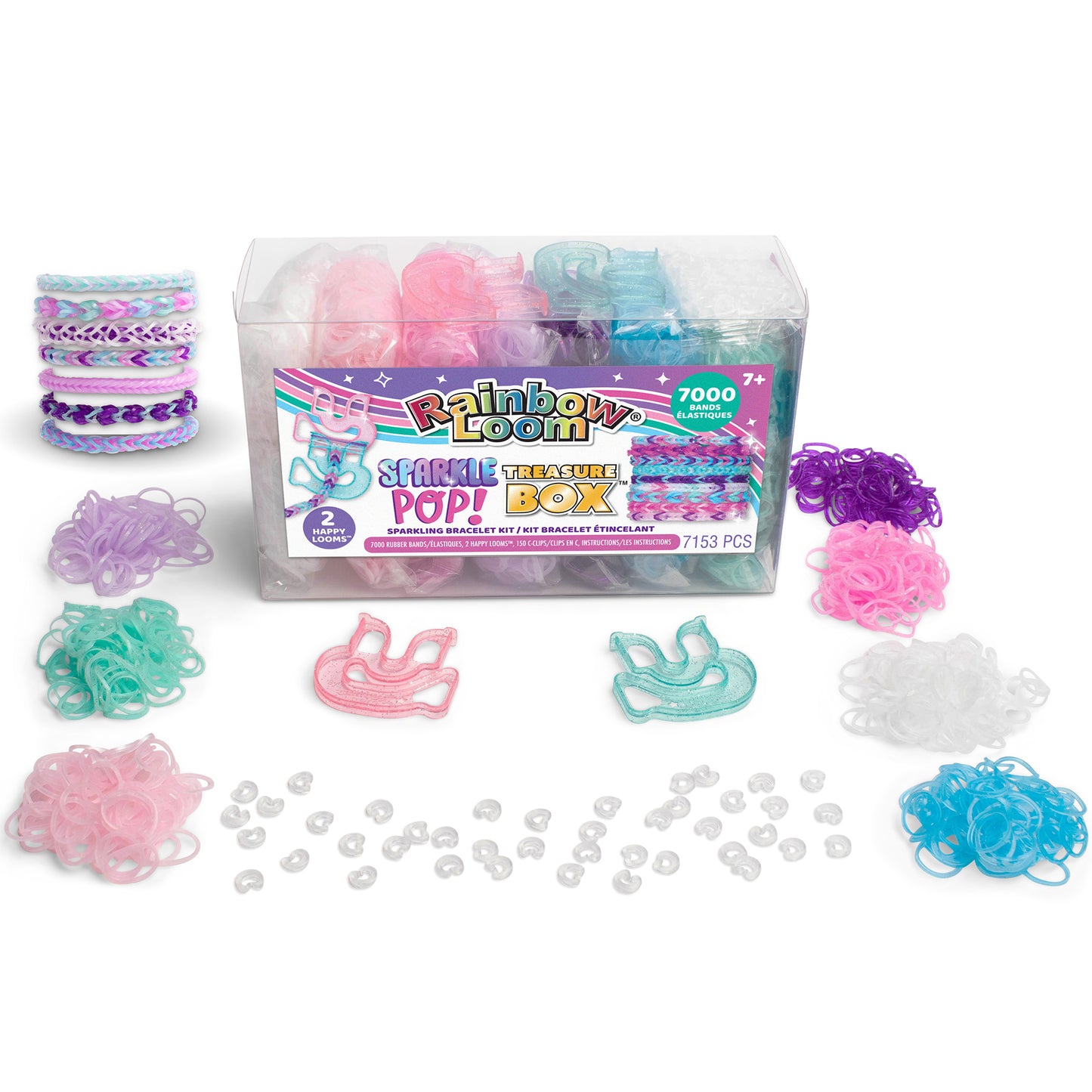 Rainbow Loom Sparkle Pop Treasure Box with 7000 colorful rubber bands, charms, and accessories for kids