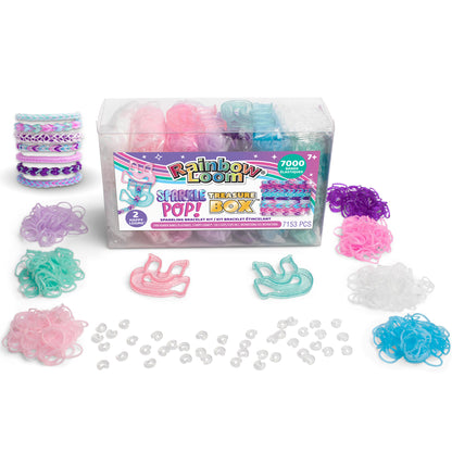 Rainbow Loom Sparkle Pop Treasure Box with 7000 colorful rubber bands, charms, and accessories for kids