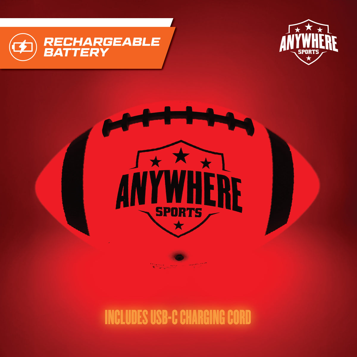 Anywhere Sports LED Football in bright red with black laces and grip panels, glowing against red background