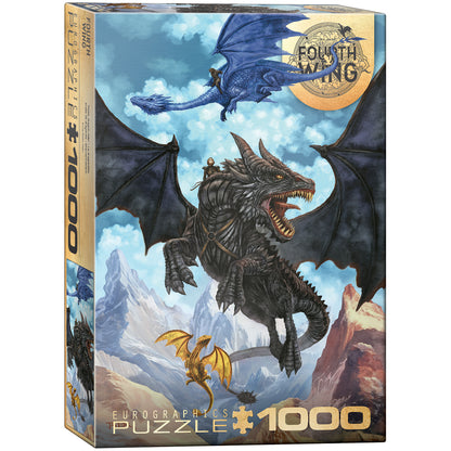 Eurographics Fourth Wing 1000 Piece Puzzle featuring dragons and rider in blue and gold