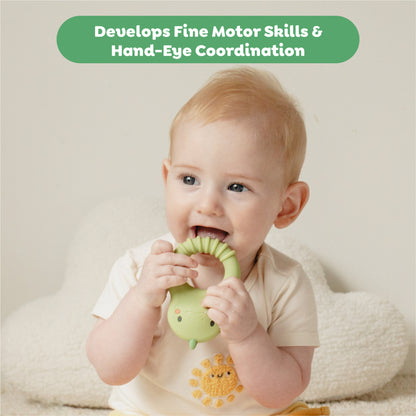 Tiger Tribe Dino Silicone Teether in green and pink, baby chewing toy for sensory play