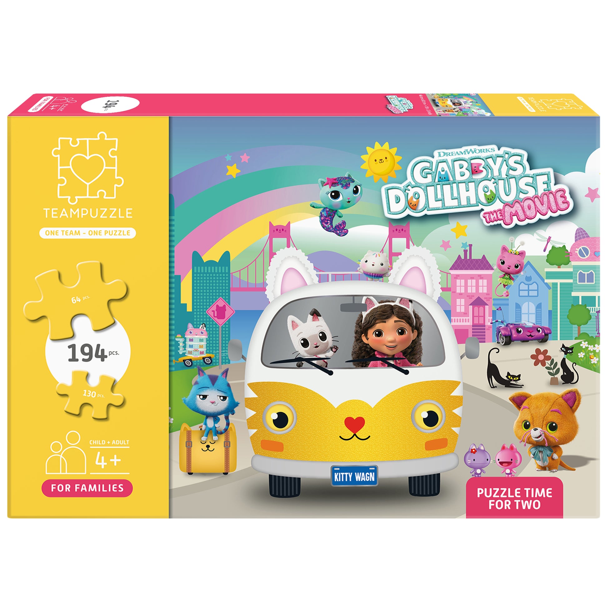TEAMPUZZLE Dreamworks Gabby's Dollhouse 194pc puzzle featuring colorful cat car and characters for kids 4+