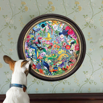 eeBoo Paradise Garden 500-piece round puzzle with colorful birds and flowers